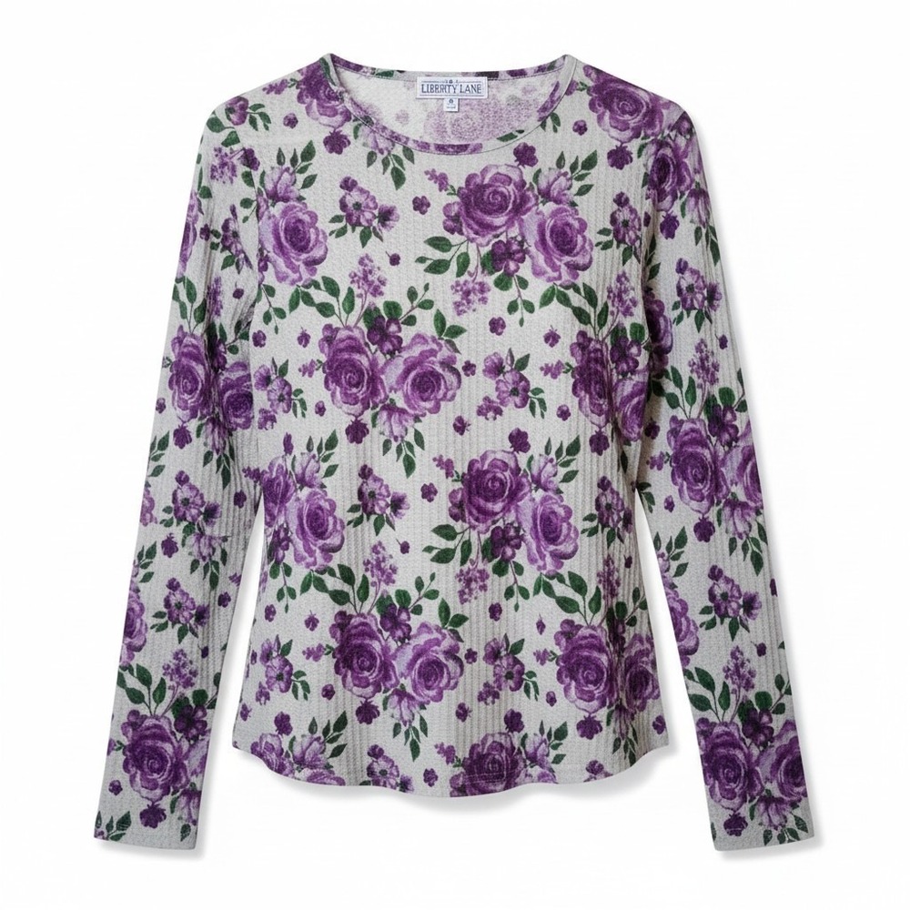 Liberty Lane Gray Purple Roses Waffle Knit Thermal Long Sleeve Top Women's Med